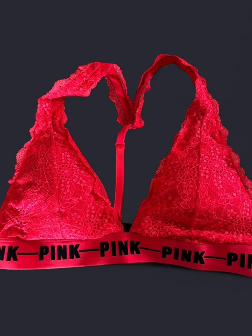 PINK Victoria's Secret Red Lace Halter Bralette with Branded Underband